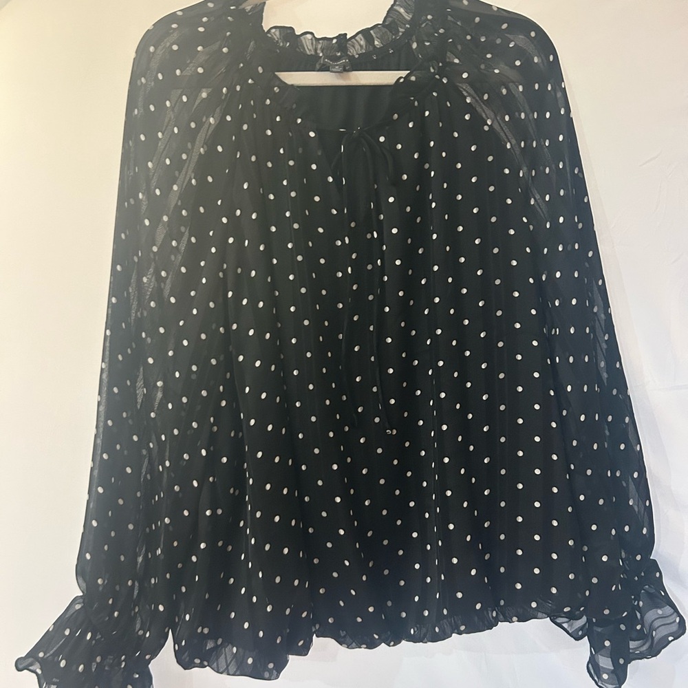 Adrianna Papell Black Polka Dot Long-Sleeve Blouse - Elegant Ruffled Neck